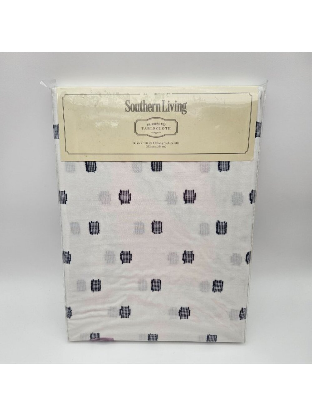 Southern Living Fil Coupe Dot White Navy Cotton Tablecloth 60" x 104" NOS